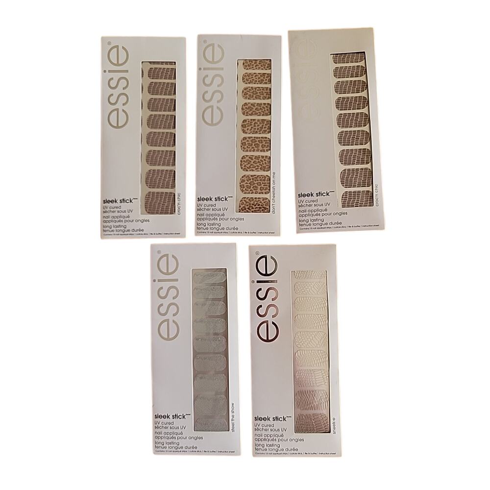 5 Pack Essie Sleek Stick Nail Applique UV Cured Stickers Metallic Bundle
